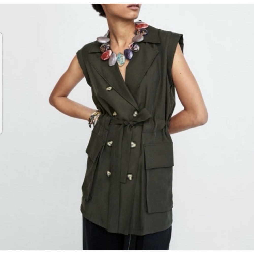 NWT ZARA Basic Women's Sleeveless Button Adjustable Waist Vest Size M Olive Colo
